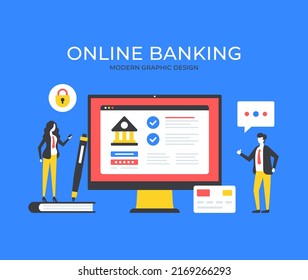 Online banking. People and internet banking website. Digital finance, banking technology concepts. Modern graphic elements set. Vector illustration