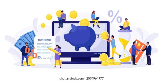 Online banking. People putting coin money into a piggy bank on computer screen. Business investment, profit income. Exchange, savings or accumulating money. Characters using mobile phone, smartphone