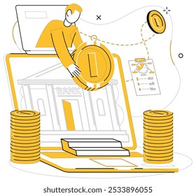 Online banking. A person is seen interacting with a laptop displaying a bank, making digital transactions using coins. Ideal for finance, technology, money management, digital transactions, online