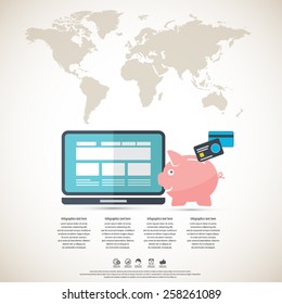 Online banking - piggy bank and lap top with world map background. All elements are in separate layers.Can be used for any project.