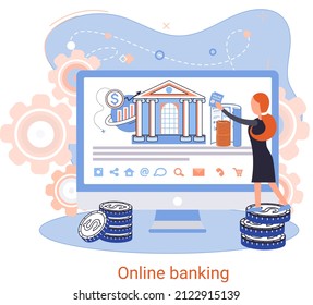 Online banking platform metaphor, remote bank service, online transaction system for mobile investment and payment. Banking operations, currency exchange, check account, manage deposit, e-commerce