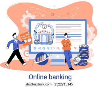 Online banking platform metaphor, remote bank service, online transaction system for mobile investment and payment. Banking operations, currency exchange, check account, manage deposit, e-commerce