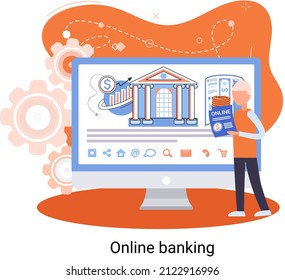 Online banking platform metaphor, remote bank service, online transaction system for mobile investment and payment. Banking operations, currency exchange, check account, manage deposit, e-commerce