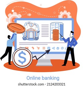 Metáfora de plataforma bancaria en línea, servicio bancario remoto, sistema de transacciones en línea para inversión móvil y pago. Operaciones bancarias, cambio de divisas, cuenta de cheques, gestión de depósitos, comercio electrónico