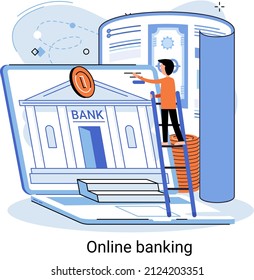 Metáfora de plataforma bancaria en línea, servicio bancario remoto, sistema de transacciones en línea para inversión móvil y pago. Operaciones bancarias, cambio de divisas, cuenta de cheques, gestión de depósitos, comercio electrónico