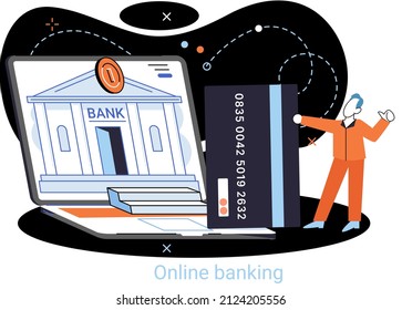 Metáfora de plataforma bancaria en línea, servicio bancario remoto, sistema de transacciones en línea para inversión móvil y pago. Operaciones bancarias, cambio de divisas, cuenta de cheques, gestión de depósitos, comercio electrónico
