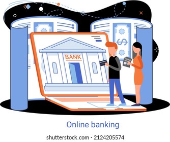 Online banking platform metaphor, remote bank service, online transaction system for mobile investment and payment. Banking operations, currency exchange, check account, manage deposit, e-commerce