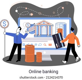 Metáfora de plataforma bancaria en línea, servicio bancario remoto, sistema de transacciones en línea para inversión móvil y pago. Operaciones bancarias, cambio de divisas, cuenta de cheques, gestión de depósitos, comercio electrónico