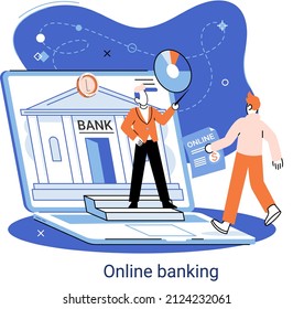 Online banking platform metaphor, remote bank service, online transaction system for mobile investment and payment. Banking operations, currency exchange, check account, manage deposit, e-commerce