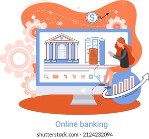 Online banking platform metaphor, remote bank service, online transaction system for mobile investment and payment. Banking operations, currency exchange, check account, manage deposit, e-commerce