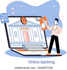 Online banking platform metaphor, remote bank service, online transaction system for mobile investment and payment. Banking operations, currency exchange, check account, manage deposit, e-commerce