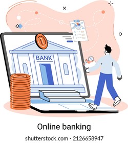 Online banking platform metaphor, remote bank service, online transaction system for mobile investment and payment. Banking operations, currency exchange, check account, manage deposit, e-commerce