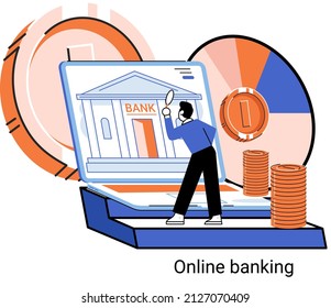 Online banking platform metaphor, remote bank service, online transaction system for mobile investment and payment. Banking operations, currency exchange, check account, manage deposit, e-commerce