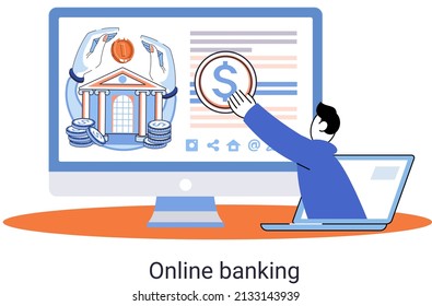 Online banking platform metaphor, remote bank service, online transaction system for mobile investment and payment. Banking operations, currency exchange, check account, manage deposit, e-commerce