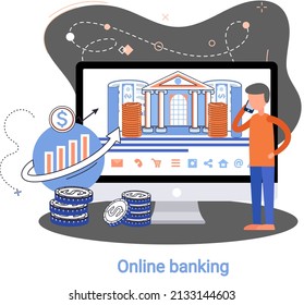Online banking platform metaphor, remote bank service, online transaction system for mobile investment and payment. Banking operations, currency exchange, check account, manage deposit, e-commerce