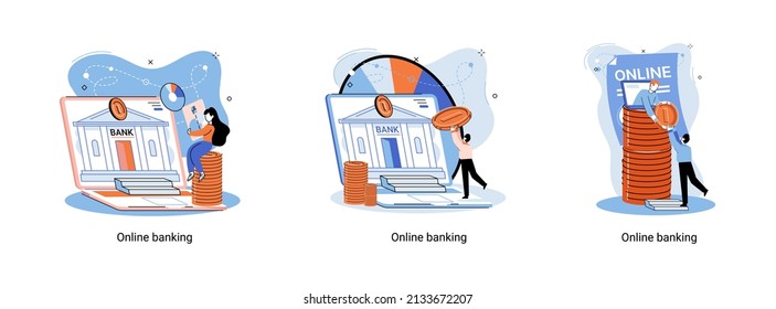 Online banking platform metaphor, remote bank service, online transaction system for mobile investment and payment. Banking operations, currency exchange, check account, manage deposit, e-commerce