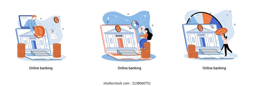 Online banking platform metaphor, remote bank service, online transaction system for mobile investment and payment. Banking operations, currency exchange, check account, manage deposit, e-commerce