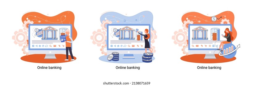 Online banking platform metaphor, remote bank service, online transaction system for mobile investment and payment. Banking operations, currency exchange, check account, manage deposit, e-commerce