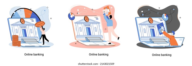 Metáfora de plataforma bancaria en línea, servicio bancario remoto, sistema de transacciones en línea para inversión móvil y pago. Operaciones bancarias, cambio de divisas, cuenta de cheques, gestión de depósitos, comercio electrónico
