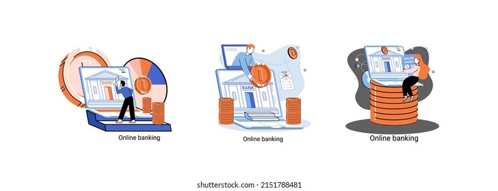 Online banking platform metaphor, remote bank service, online transaction system for mobile investment and payment. Banking operations, currency exchange, check account, manage deposit, e-commerce