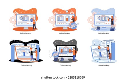 Online banking platform metaphor, remote bank service, online transaction system for mobile investment and payment. Banking operations, currency exchange, check account, manage deposit, e-commerce