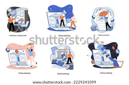 Online banking platform metaphor, remote bank service, online transaction system for mobile investment and payment. Banking operations, currency exchange, check account, manage deposit, e-commerce
