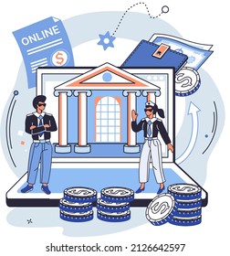 Online banking platform, remote bank service, online transaction system concept for mobile investment and payment. Banking operations, currency exchange, check account, manage deposit, e-commerce
