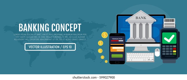 Online banking process. Mobile payment and mobile banking. Business web banner. Vector illustration.