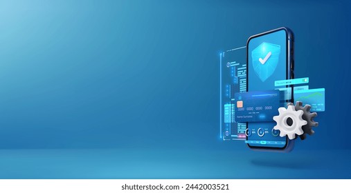 Online banking protection, The concept of smart wallet with an application for payment by credit and debit cards. Smartphone with a shield icon, representing digital security and secure mobile.