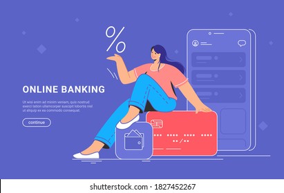 Online Banking And Red Credit Card Interest Rate. Flat Vector Illustration Of Smiling Woman Sitting On A Big Credit Card With Bank Mobile App And Smartphone Behind Her For Profit And Investments