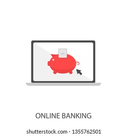 Online banking. Red piggybank with dollar banknote on the laptop screen Vector illustration
