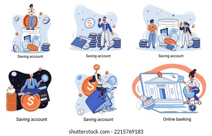Concepto de cuentas de ahorro y banca en línea. Acumulación de fondos, riqueza. Recibir intereses por mantener dinero, un futuro seguro. Servicios bancarios, pago por Internet, envío de dinero, estrategia de inversión