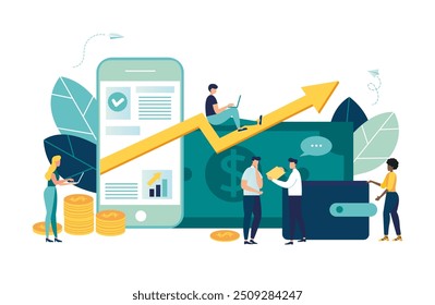 Online banking, saving money in smartphone. increased cashback and percentage savings money, income, income spending statistics through mobile offering. finance growth arrow, flat vector illustration