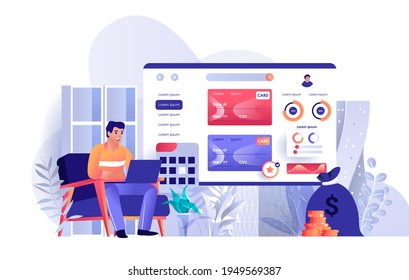 Online banking scene. Man conducts transactions through website on laptop. Online payment, personal financial account, credit cards concept. Vector illustration of people characters in flat design