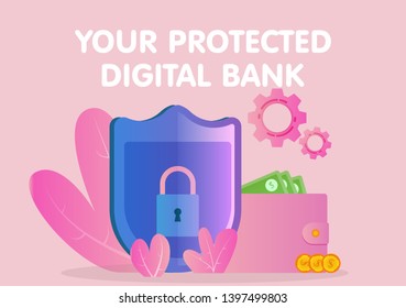 online banking securely protected, the lock and the shield provide reliable protection for monetary transactions, vector image for web sites and landing pages