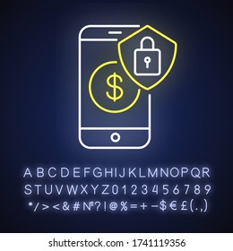 Online banking security neon light icon. Money savings, digital wallet safety. E banking account. Outer glowing effect. Sign with alphabet, numbers and symbols. Vector isolated RGB color illustration