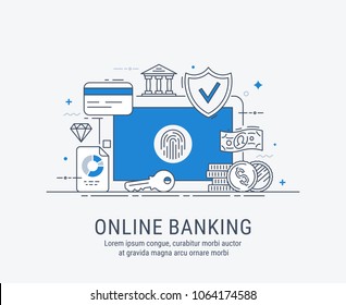 Online Banking, Security Payments, Transactions, Investments And Deposits, Advanced Information Technology. Modern Thin Line Vector Illustration.