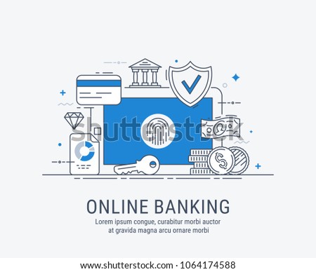 Online banking, security payments, transactions, investments and deposits, advanced information technology. Modern thin line vector illustration.
