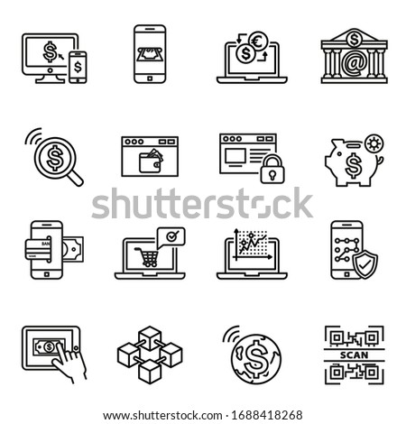 Online banking, security payments, transactions, investments and deposits, advanced information technology icon set with white background. Thin line style stock vector.