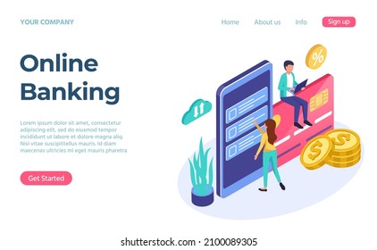 Online banking service 3d isometric landing page. Online payment service, finance digital transaction, vector illustration
