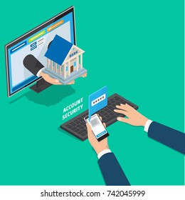 Online banking service account security concept. Mans hands typing password on PC from message on phone isometric vector. Passing two step verification during login in bank client page 3d illustration