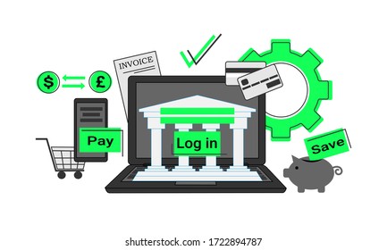 Concepto de servicio bancario en línea, banca directa a través de Internet sin contacto, iconos bancarios, ilustración vectorial.