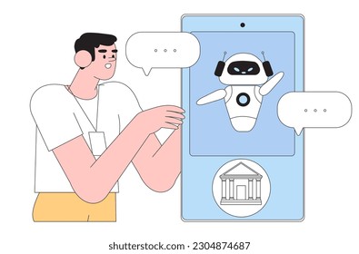 Online banking service concept. Male character talk to chat bot or bank application support online on smartphone. AI help or software 
for business mobile application or website. Pesonal assistant.