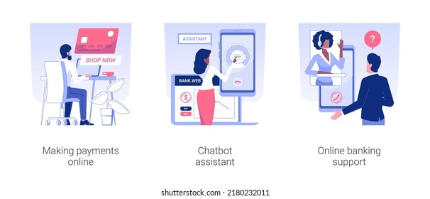 Online banking service isolated concept vector illustration set. Making payments online, voice chatbot assistant, online banking support, financial help, remote consulting vector cartoon.