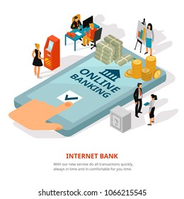 Online banking service isometric advertisement poster with cash on smartphone screen financial adviser safety symbols vector illustration  