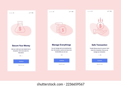 Online banking service. Three simple steps. Onboarding screens template for mobile applications and websites. svg