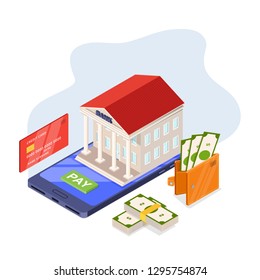 Online banking service, vector 3d isometric illustration. Bank building on smartphone screen, flat illustration. Financial and payment mobile app concept.