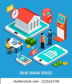 Online banking services isometric composition on blue background with 24h, payment equipment, staff vector illustration
