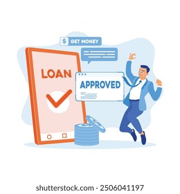 Online banking services. Man getting a loan via a smartphone app. Approved Loan concept. Flat vector illustration.