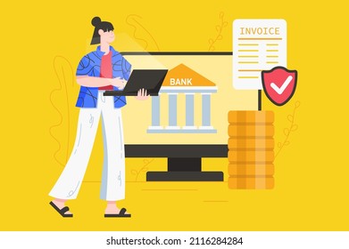 Los servicios bancarios en línea son un concepto moderno y plano. Mujer pagando factura, invierte dinero y administra cuenta bancaria desde laptop o sitio de computadora. Ilustración vectorial con escena de personas para diseño de banners web